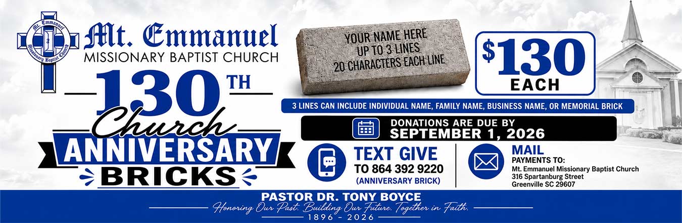 Mt. Emmanuel Missionary Baptist Church 130th anniversary brick fundraiser with personalized bricks available for $130