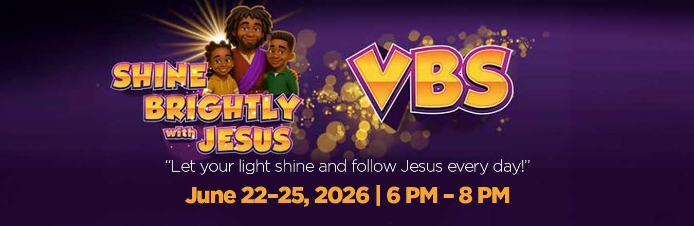 purple banner advertising the Shine Brightly for Jesus Vacation Bible School
