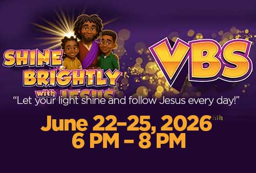 purple banner advertising the Shine Brightly for Jesus Vacation Bible School
